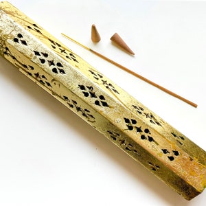Rustic Gold Wood Incense Stick & Cone Box Burner 12&quot;