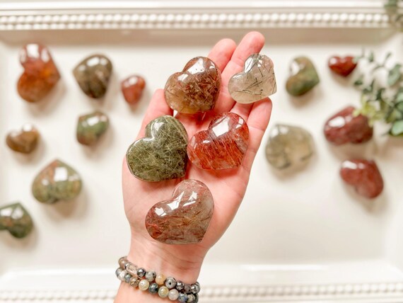 Red & Green Rutile in Quartz Hearts - image 5