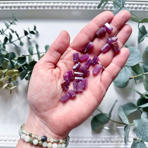 May include: A hand holding a collection of small, purple, rectangular ruby crystals.