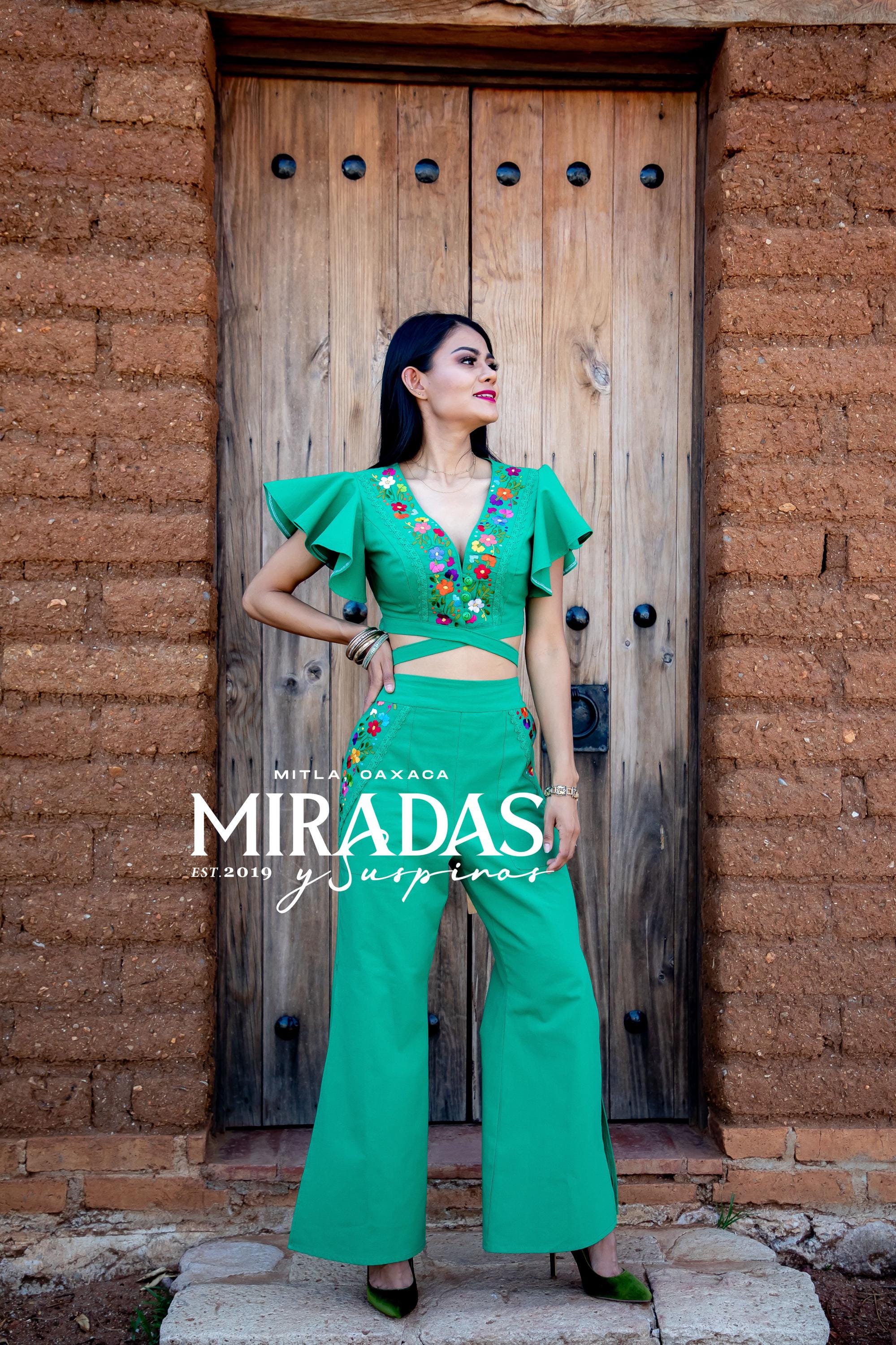 2 Piece Palazzo Set. Floral Embroidered Jumper. High Waisted Pants Set. Teardrop Neck Crop Top. Two Piece Mexican Jumper.