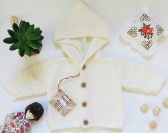 Thrifted Baby Knitted Hooded Cardigan-Cream