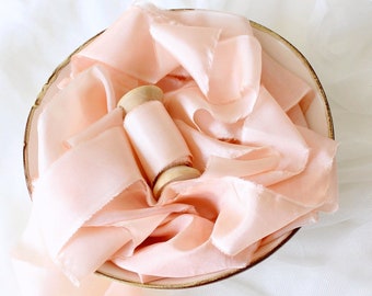 Peach silk ribbon Salmon pink ribbon Hand dyed silk habotai ribbon Romantic bride style Pastel wedding Flat lay props Boutonniere ribbon