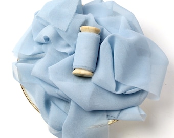 Light blue silk ribbon Hand dyed chiffon ribbon Silk georgette ribbon on wood spool Baby blue silk sash Blue chiffon Bridal ribbon