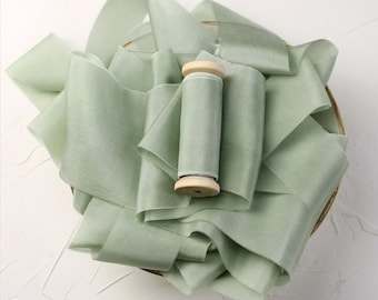Sage green silk ribbon Hand dyed habotai ribbon Light green silk sash Laurel green silk ribbon Fine art bridal props Wedding bouquet sash