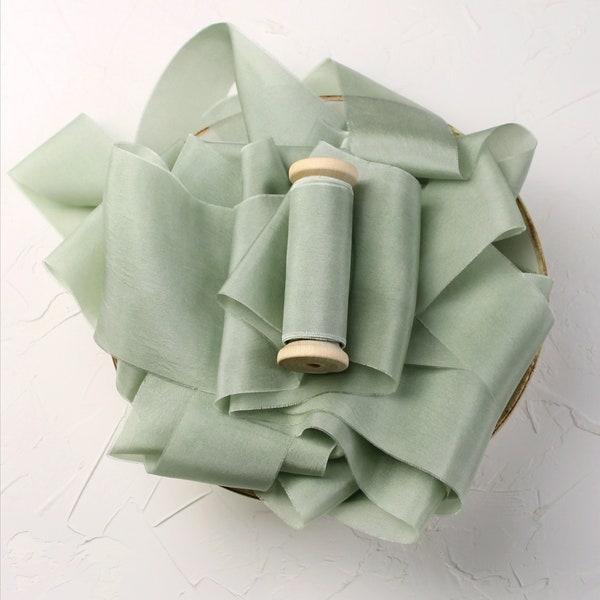 Sage green silk ribbon Hand dyed habotai ribbon Light green silk sash Laurel green silk ribbon Fine art bridal props Wedding bouquet sash