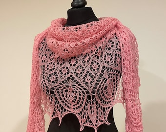 Crescent shaped shawl. Knitted lace shawl. Beaded Shawl. Hand knit Shawl. Lace Shawl