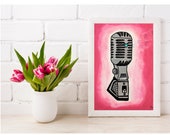 Music Lover Printable Wall Art, Vintage Microphone Instant Download, Pink Wall Art, Multiple Sizes, Vintage Art