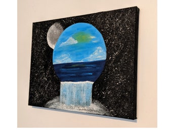 Space Art, Painting on Canvas, Free Shipping, Black Wall Art, Wide 16 x 12, Game Room, Kids Room Decor, Outer Space Decor, Earth and Moon