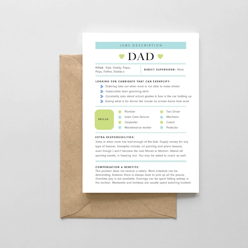 Dad Job Description Funny Father's Day Card Etsy