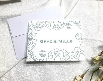 Floral Grazie Mille Note Card Set - Floral Thank You Card Set - Hand Drawn Florals