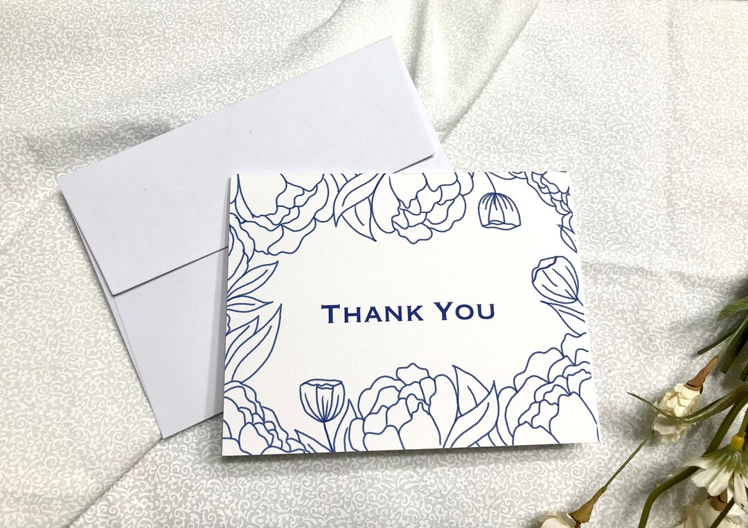 Navy Blue Floral Thank You Cards: Hand-drawn Note Card Set - Etsy