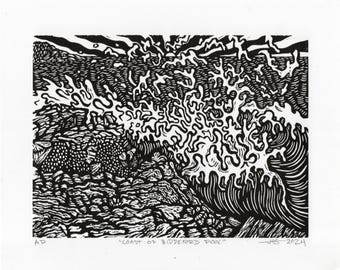 May include: Black and white linocut print titled "Coast of Bideford Pool." The artwork depicts a stylized coastal scene with swirling water and textured landforms. The print includes the artist's initials and the year 2024.