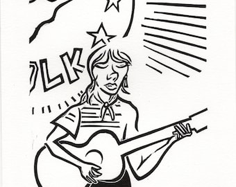 May include: Black and white illustration of a person playing a guitar. The person is wearing a striped shirt and a bandana. The guitar is a standard acoustic guitar. The image is titled "Hurray for the Riff Raff" and is dated "#15 '22".