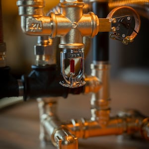 May include: A gold metal sprinkler head with a red heat sensor attached to a pipe system. The sprinkler head is mounted on a gold metal pipe system.