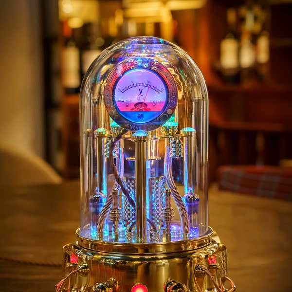 Steampunk Lamp "Nikola" Art Sculpture with Glass Dome Display with working Voltmeter (this is a pre-order for manufacturing)