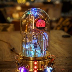Steampunk Lamp "Erebus" (Ἔρεβος) Art Sculpture with Glass Dome Display with working Voltmeter
