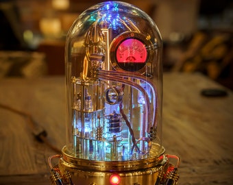 Steampunk Lamp "Erebus" (Ἔρεβος) Art Sculpture with Glass Dome Display with working Voltmeter