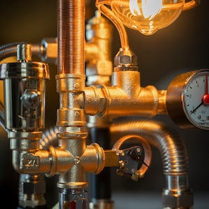 May include: A steampunk-style lamp made from gold-toned pipes and fittings. The lamp features a clear glass globe with a copper coil inside, a pressure gauge labeled "0 bar" and "FIMET 1/2 WATTS", and a sprinkler head.