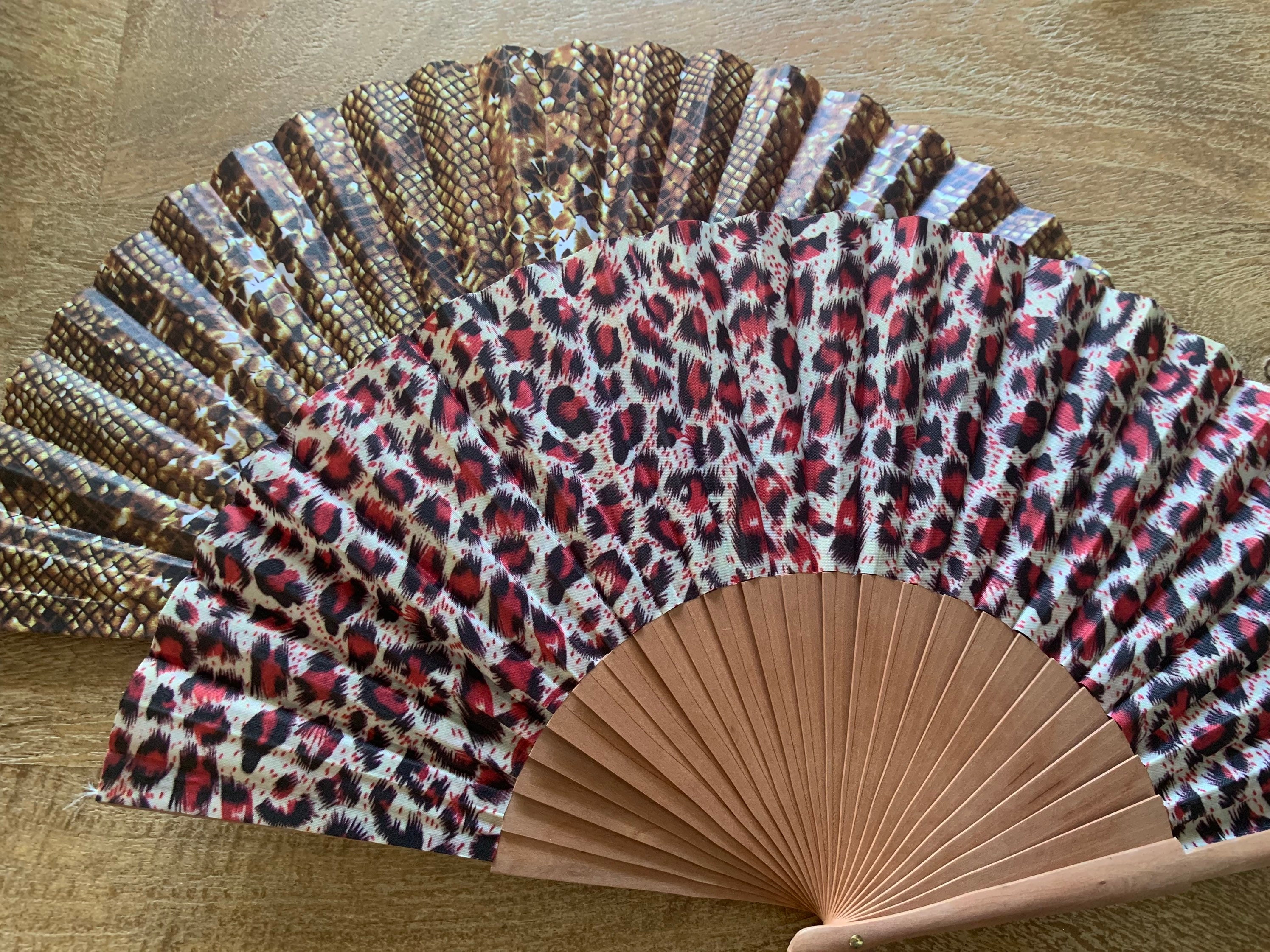 Leopard Print Hand Fan With Black Slab Base - Cloth Fan For Décor Or Cooling