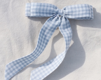 Large Linen Long Tail Bow -- Light Blue Gingham Linen -- Oversized Linen Bow Clip -- Hair Bows for Women & Girls