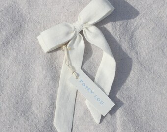 Arlette Bow | Soft White Linen | Linen Long Tail Hair Bows for Women & Girls