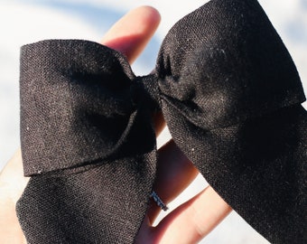 Large Black Linen Sailor Bow -- Black Linen -- Oversized Linen Bow Clip -- Hair Bows for Women & Girls