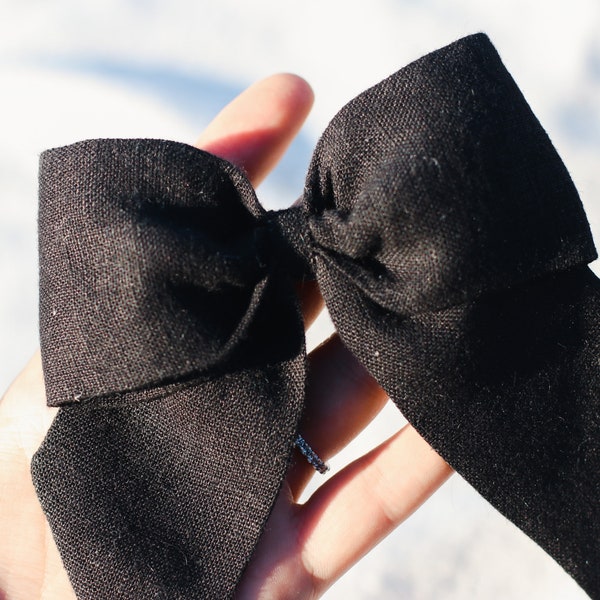 Large Black Linen Sailor Bow -- Black Linen -- Oversized Linen Bow Clip -- Hair Bows for Women & Girls