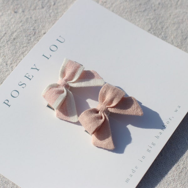 Mini Bow Set | Pink Stripe Linen & Faded Rose Linen | Clip or Baby Headband