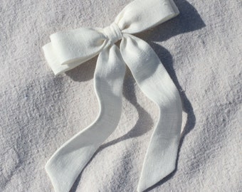 Arlette Bow | Soft White Linen | Linen Long Tail Hair Bows for Women & Girls