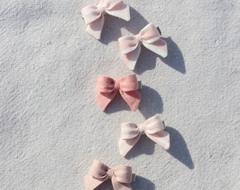 Mini Bows Linen | Individual or Set Options | Clip or Nylon Headband Mini Bows | Pink Linen Mini Bows