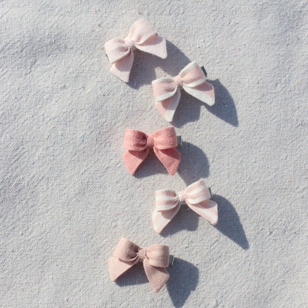 Mini Bows Linen | Individual or Set Options | Clip or Nylon Headband Mini Bows | Pink Linen Mini Bows