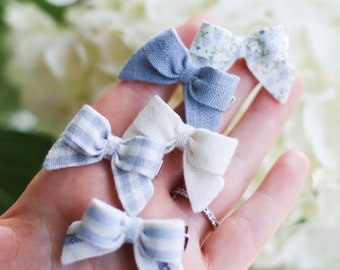 Mini Bows Linen & Floral Cotton | Individual or Set Options | Clip or Nylon Headband Mini Bows