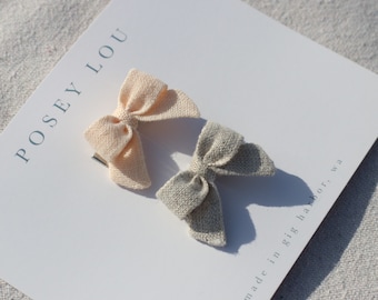 Mini Bow Set | Natural Sand Linen & Peachy Pink Linen | Clip or Baby Headband