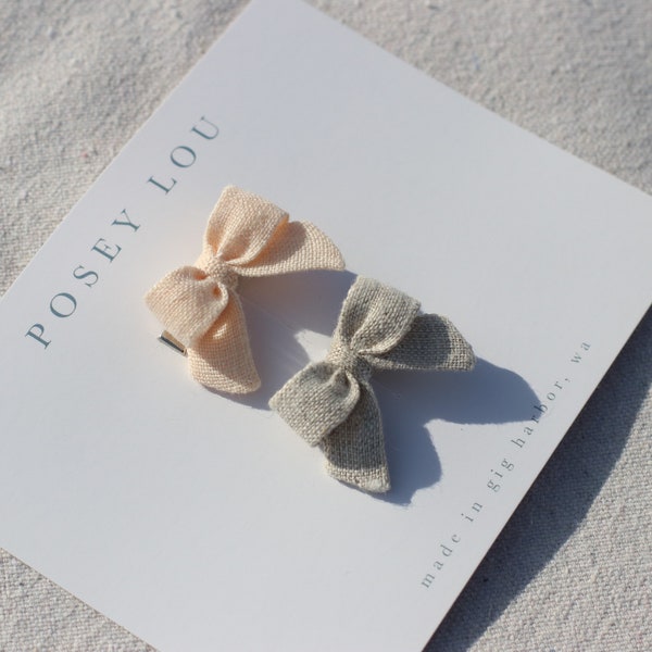 Mini Bow Set | Natural Sand Linen & Peachy Pink Linen | Clip or Baby Headband