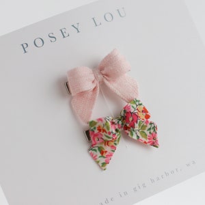 Mini Bow Set | Blossom Pink Linen & Pink Liberty of London Pink Hannah Floral | Clip or Baby Headband