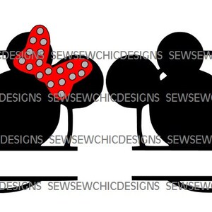 May include: Black and white silhouette of Mickey Mouse and Minnie Mouse with red polka dot bow. The silhouettes are in a circle with a space for a name in the bottom.
