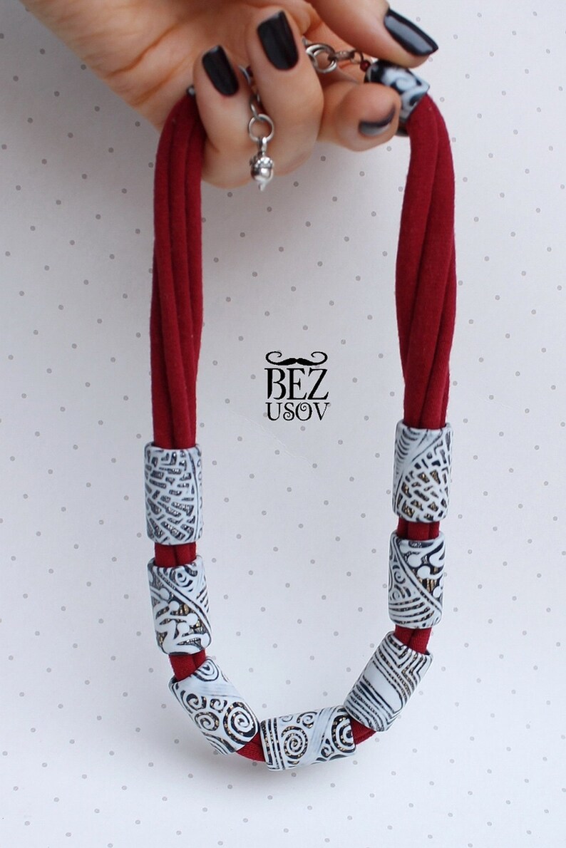 Red White Necklace Rope Necklace White Bib Necklace Clay Etsy