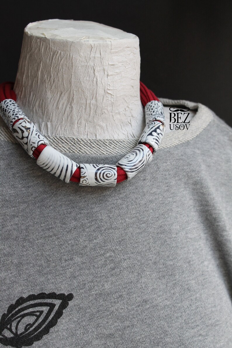 Red white necklace Rope Necklace White bib necklace clay Etsy