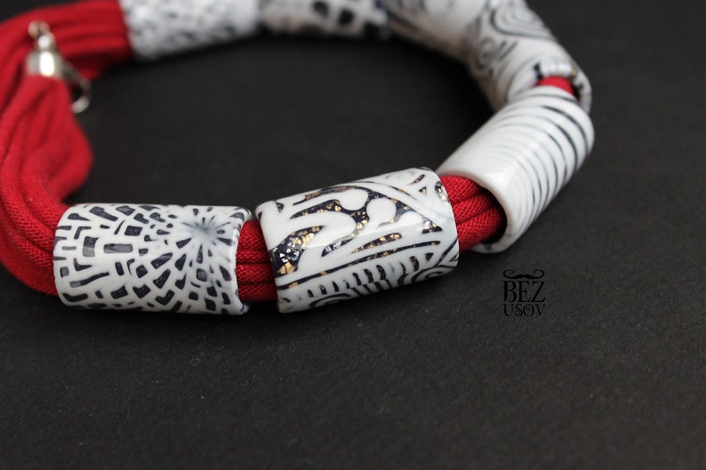 Red White Necklace Rope Necklace White Bib Necklace Clay Etsy