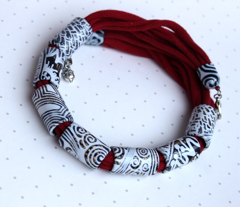 Red white necklace Rope Necklace White bib necklace clay Etsy