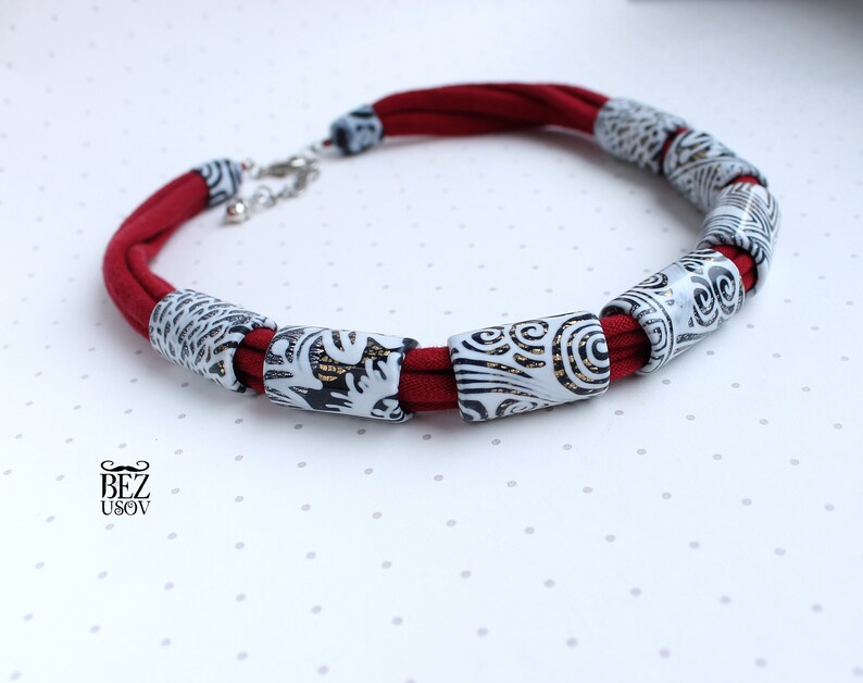 Red White Necklace Rope Necklace White Bib Necklace Clay Etsy