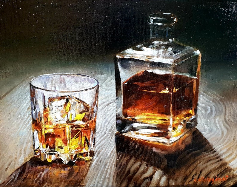 Glass of whisky still life hand made oil painting hyperrealism Etsy