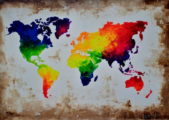 Carte Du Monde Fait Main Peinture Acrylique Sur Toile 100 X 70 Cm