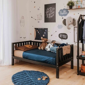 Platform bed with rails Montessori bed with fence, Childrens bed on legs, Toddler bed Raised bed for kids, Third birthday gift, Child bed