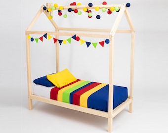 Montessori House Bed Frame, Crib, Twin or Full Size Platform Bed for Kids, Canopy Bed for Girls and Boys