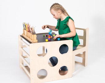 2-in-1 Montessori Table & Chair Set – Weaning Table, Climbing Cube