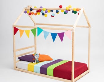 Montessori Toddler House Bed Frame, Pine/ Birch Wood Floor Bed