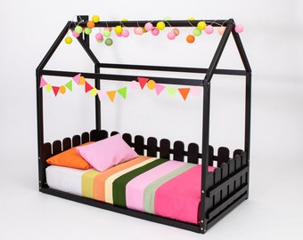 Montessori House Bed Frame, Toddler Floor Bed with Removable Rails, Wood Kids Bed with Slats