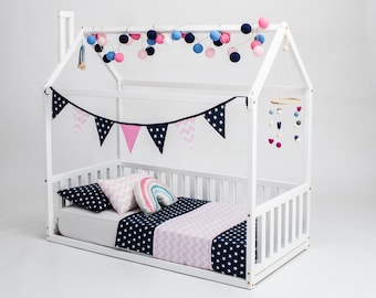 Montessori House Bed Frame, Wood Toddler Bed with Slats