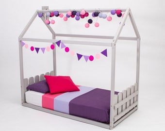 Montessori Toddler Floor Bed, Solid Wood House Bed Frame for Kids, Children's Bed